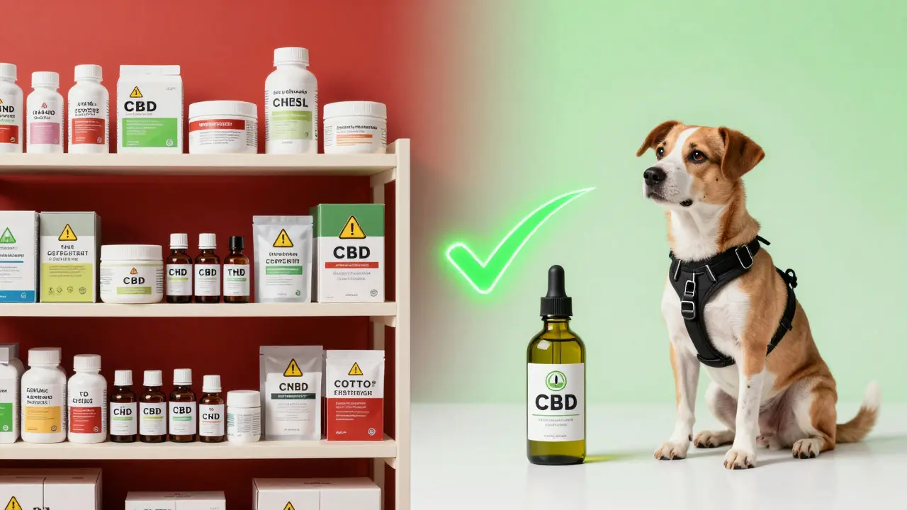 Dvě strany: nebezpečné CBD produkty vlevo, bezpečná příprava vpravo s psem.