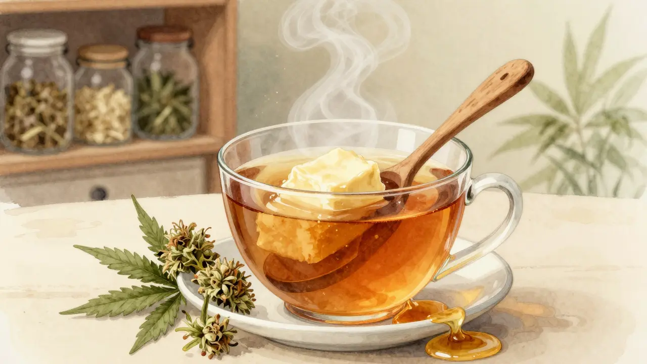Horký bylinkový čaj s tukem z konopí a medem, symbolizující jemný účinek kanabinoidů.