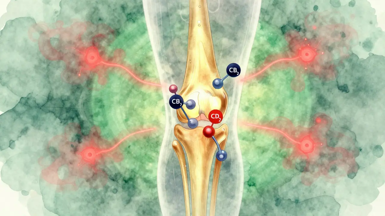 Ilustrace endokanabinoidního systému s CBD molekulami uklidňujícími zánět v kloubu.