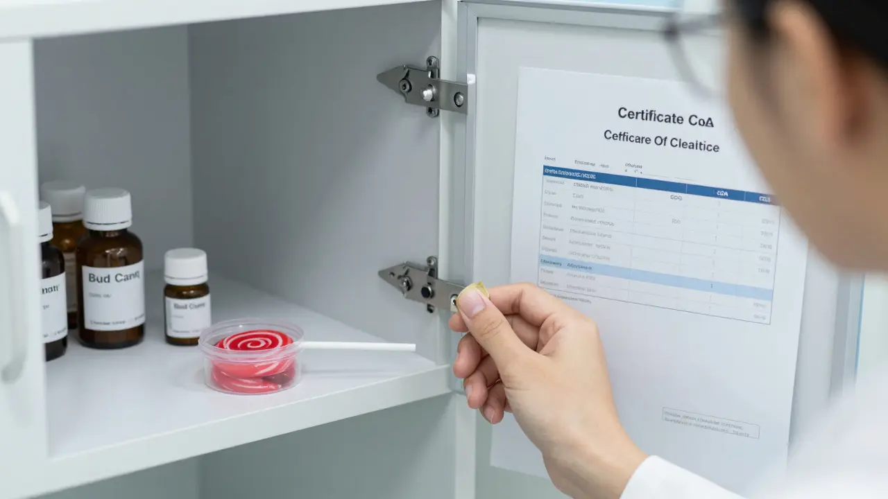 Lollipop Bud Candy je bezpečně uložen v dětské uzávěrce v lékárně.