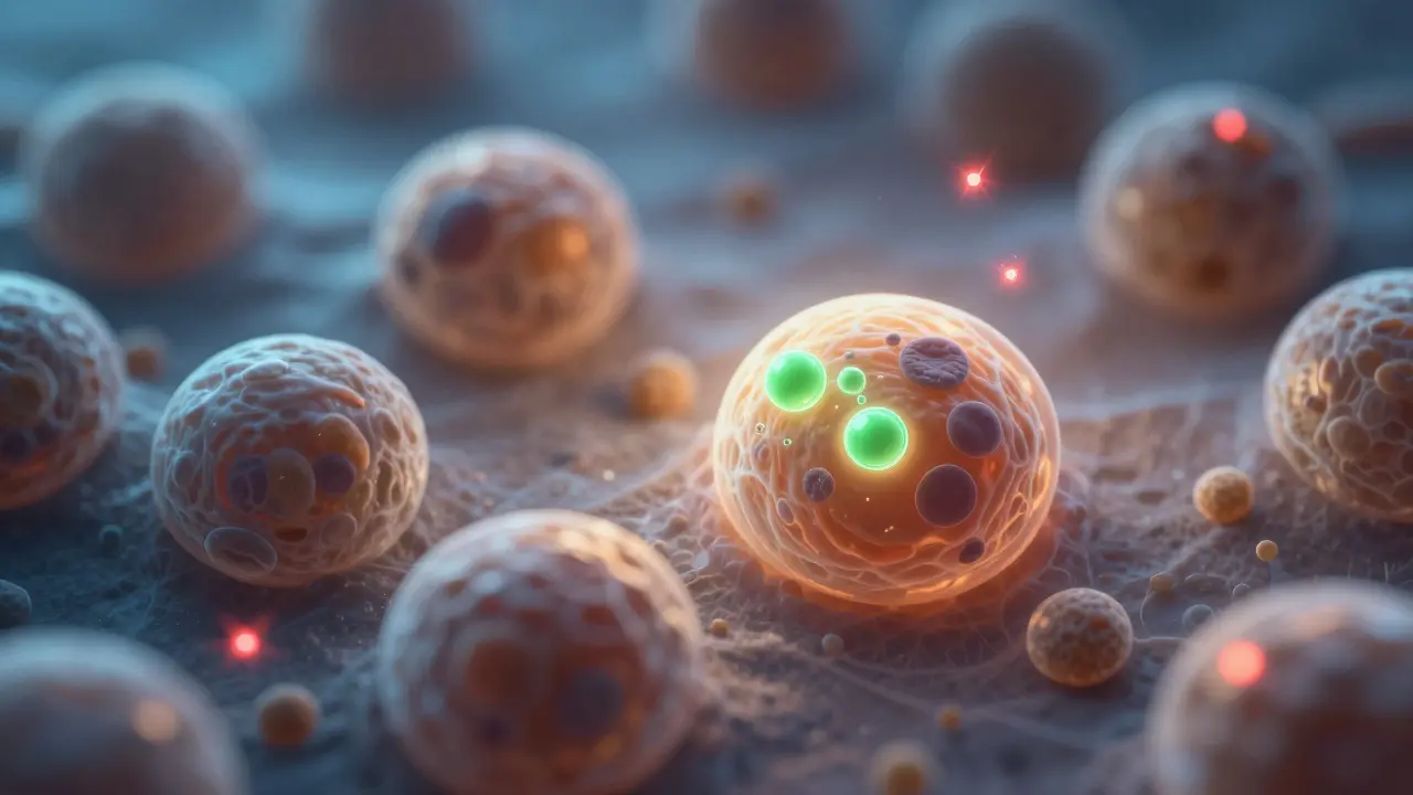 Mikroskopický pohled na buňky kůže, kde CBD potlačuje přebytečný melanin.