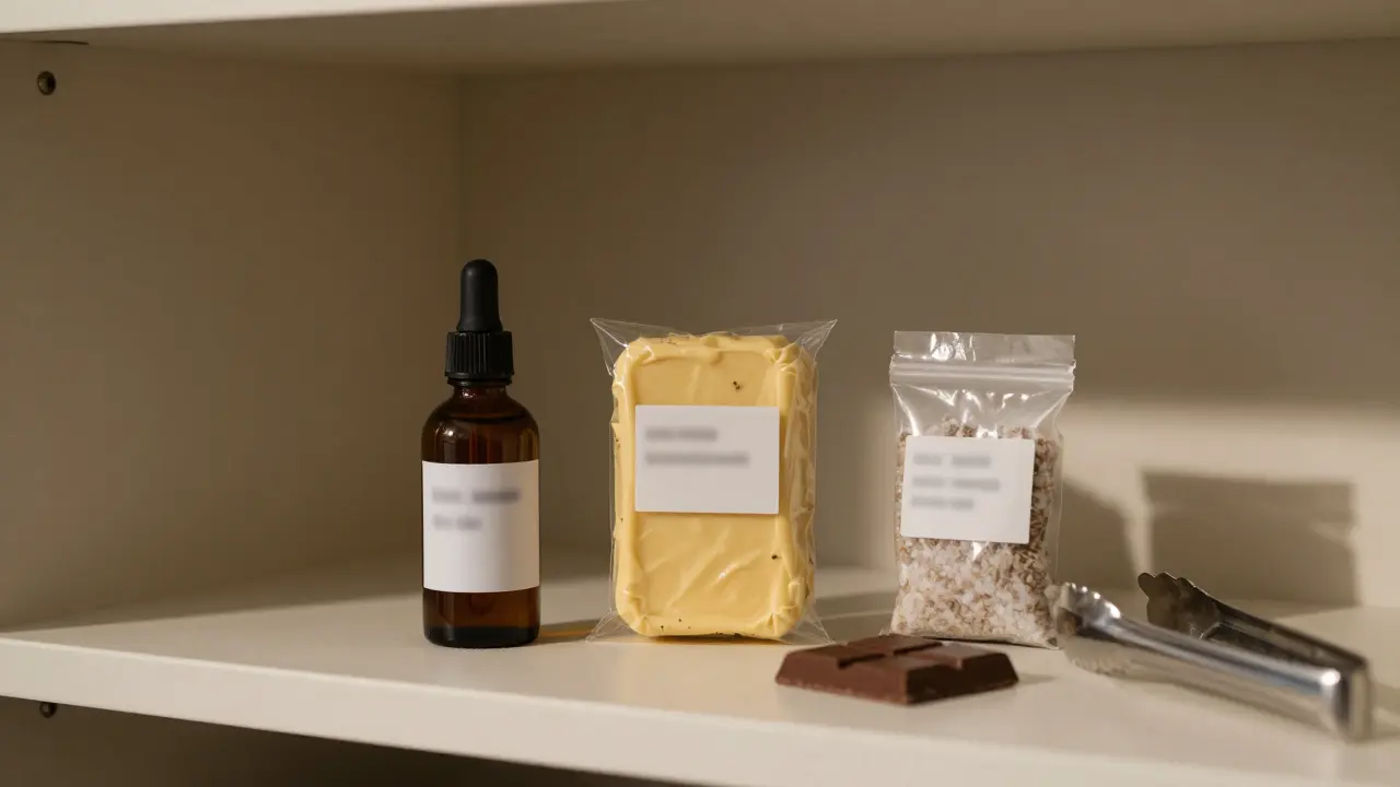 Minimální regál v bio-obchodě s CBD produkty bez etiketek, naznačující legální hranice.