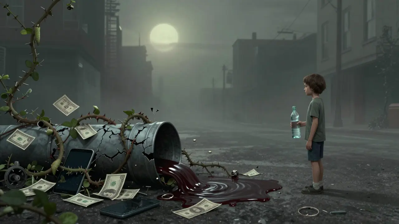 Moderní metáfora: polyně se šíří jako trny po městské ulici, pohlcují technologie a peníze.