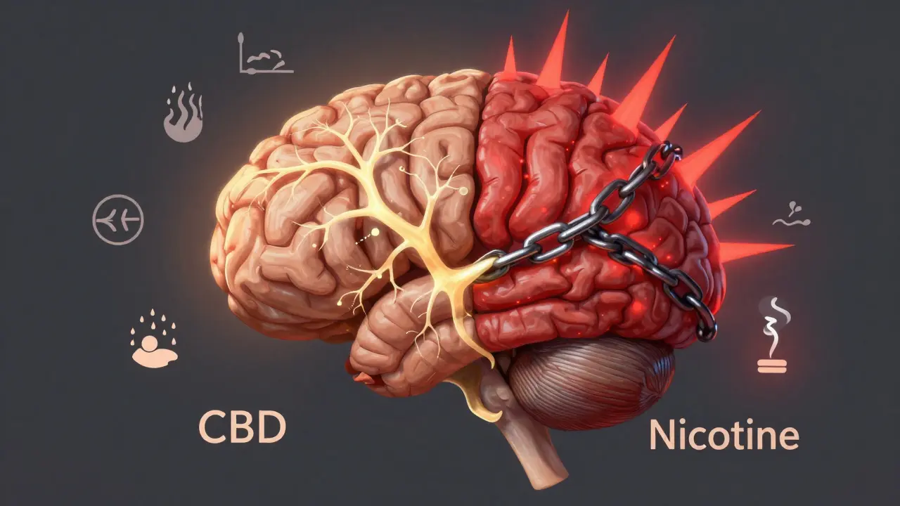 Mozek rozdělený na CBD s klidnou aktivitou a nikotin s přestimulací a řetězy.