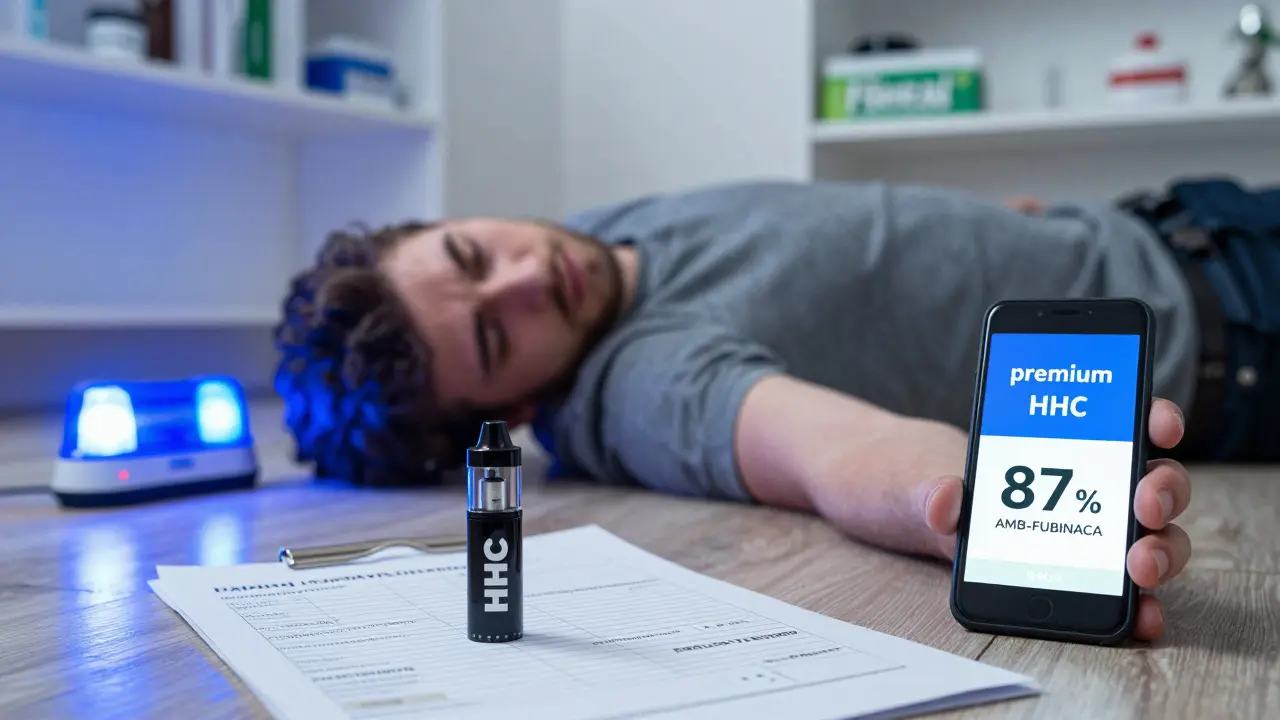 Muž v nemocničním stavu vedle falešného HHC výfuku s laboratorním výsledkem