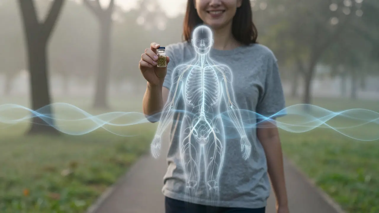 Osoba chodí v parku na ranním světle s CBD kontejnerem a biologickým zářením.