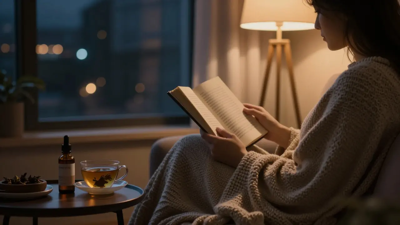 Osoba čte knihu na pohovce večer s CBD olejem a čajem na stole, pokoj je plný klidu.