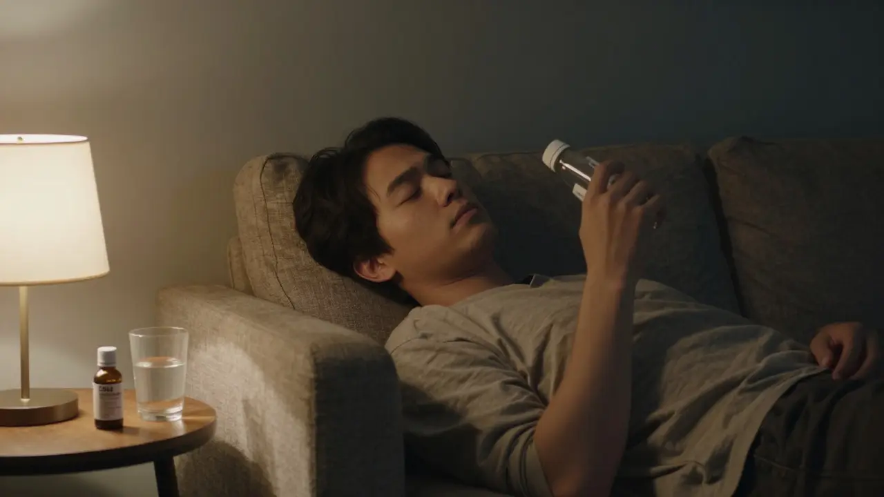 Osoba odpočívá na sofě po účinku nápoje, vedle ní CBD olej a sklenice vody.