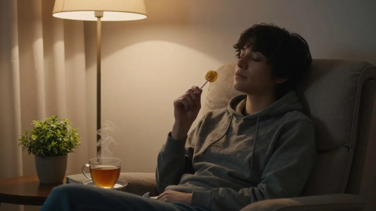 Osoba sedí v klidu na křesle, užívá polovinu lollipopu, je klidná a uvolněná.