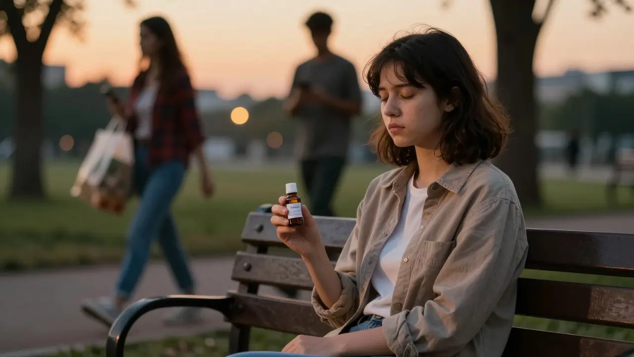 Osoba sedící na lavičce v soumraku, drží lahvičku CBD izolátu, klidně dýchá při tichém večerním prostředí.