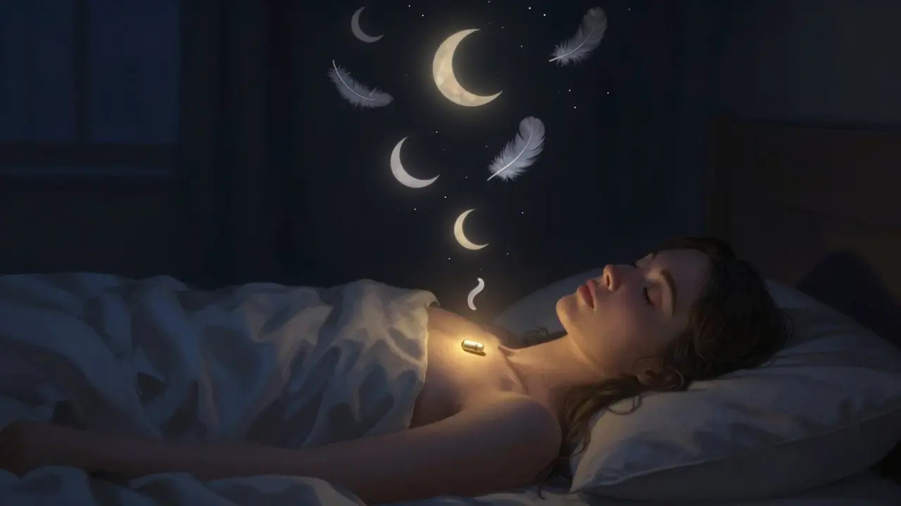 Osoba spící v posteli s kapslí CBN na prsou a abstraktními symboly spánku stoupajícími do tmy.