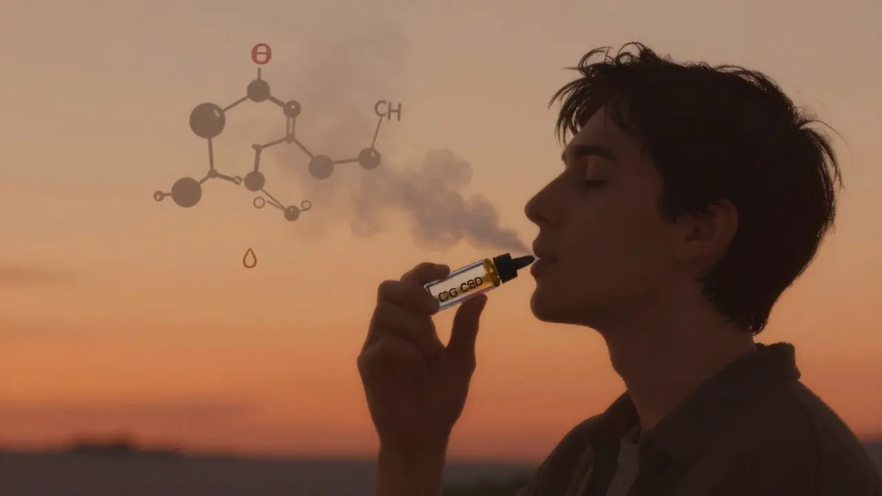 Osoba v dálce vdechuje paru z CBD kartridže při západu slunce.