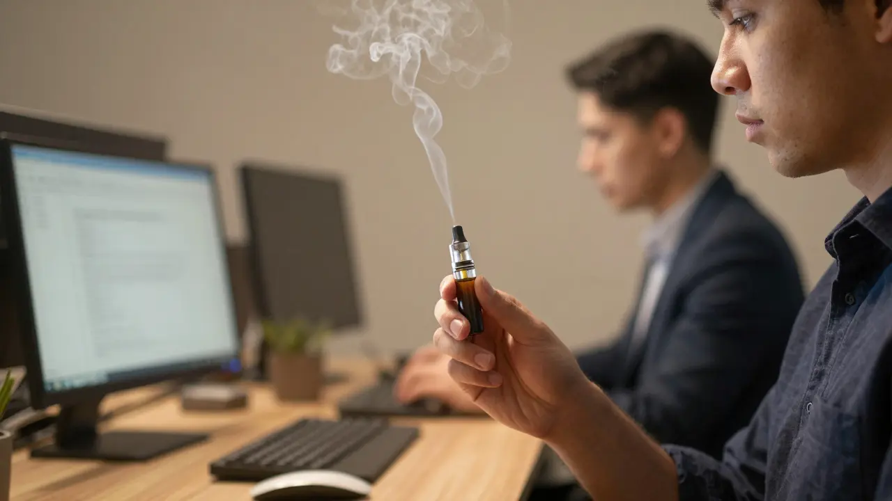 Person using CBD vape discreetly in an office, vapor barely visible.