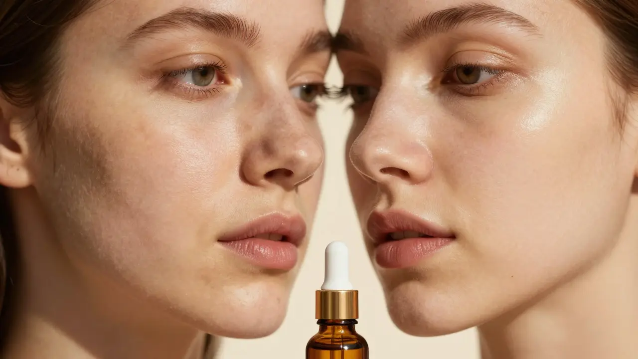 Porovnání před a po: tmavé skvrny se zjasnily po pravidelném používání CBD.