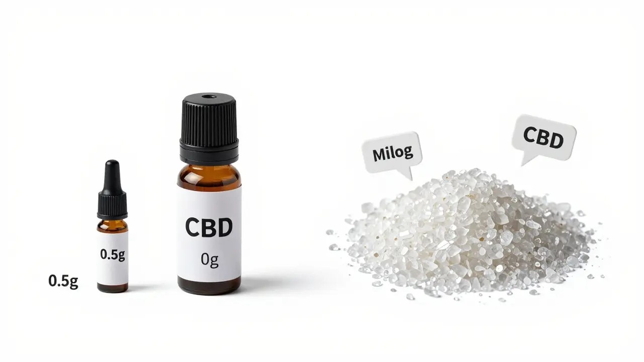 Porovnání tří velikostí CBD kartridžů s označením množství CBD.