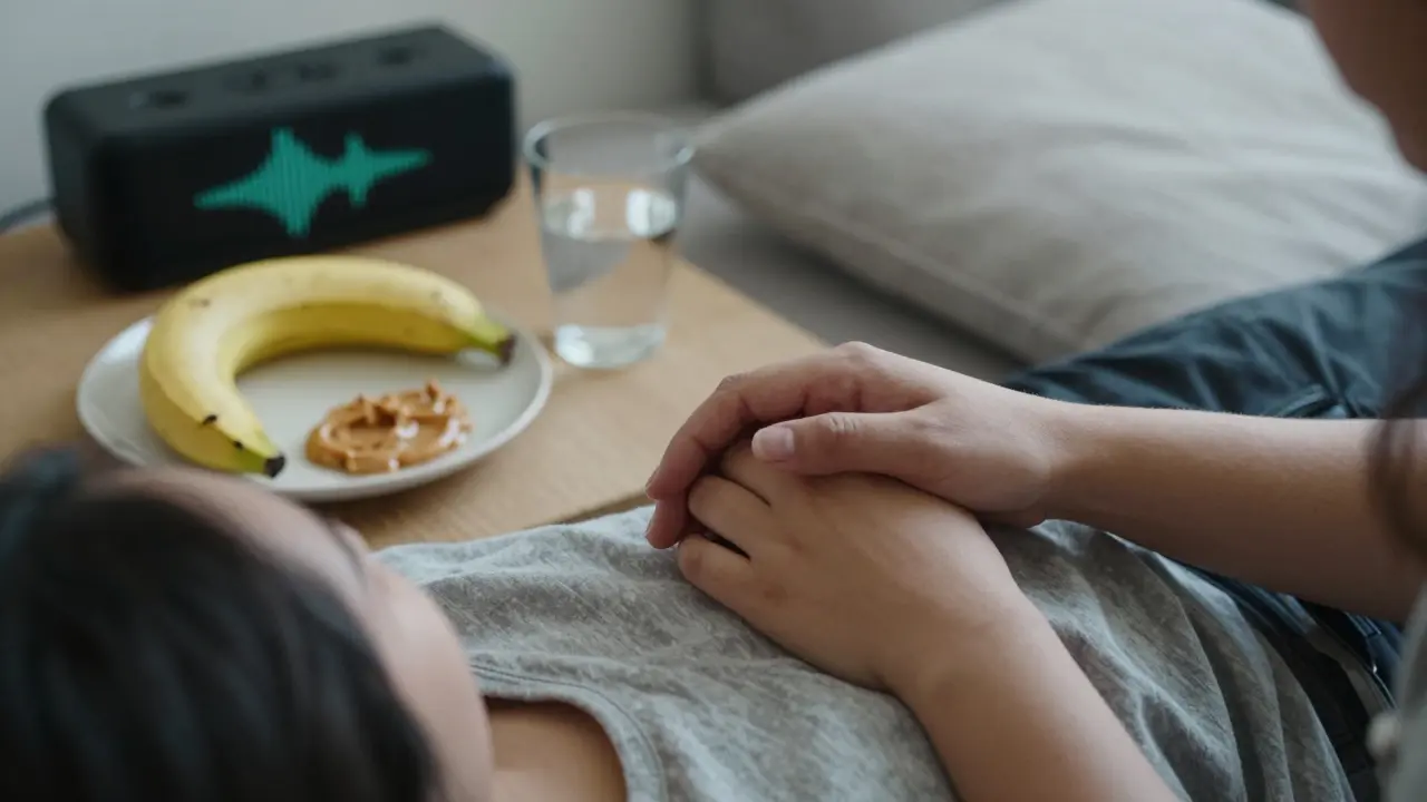 Přítel drží ruku někoho, kdo leží na kanapě, vedle nich je banán s máslem a sklenice vody.