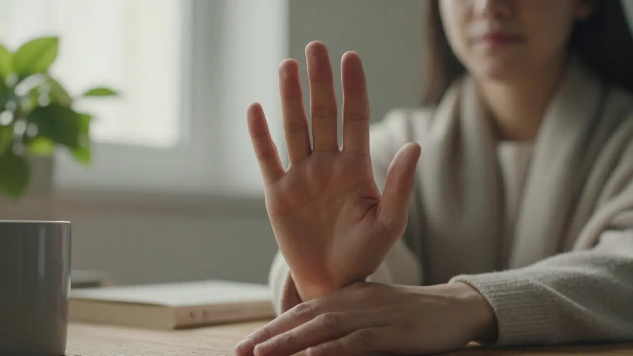 Ruce provádějí techniku 5-4-3-2-1, ukazují a dotýkají se předmětů v klidném prostředí.