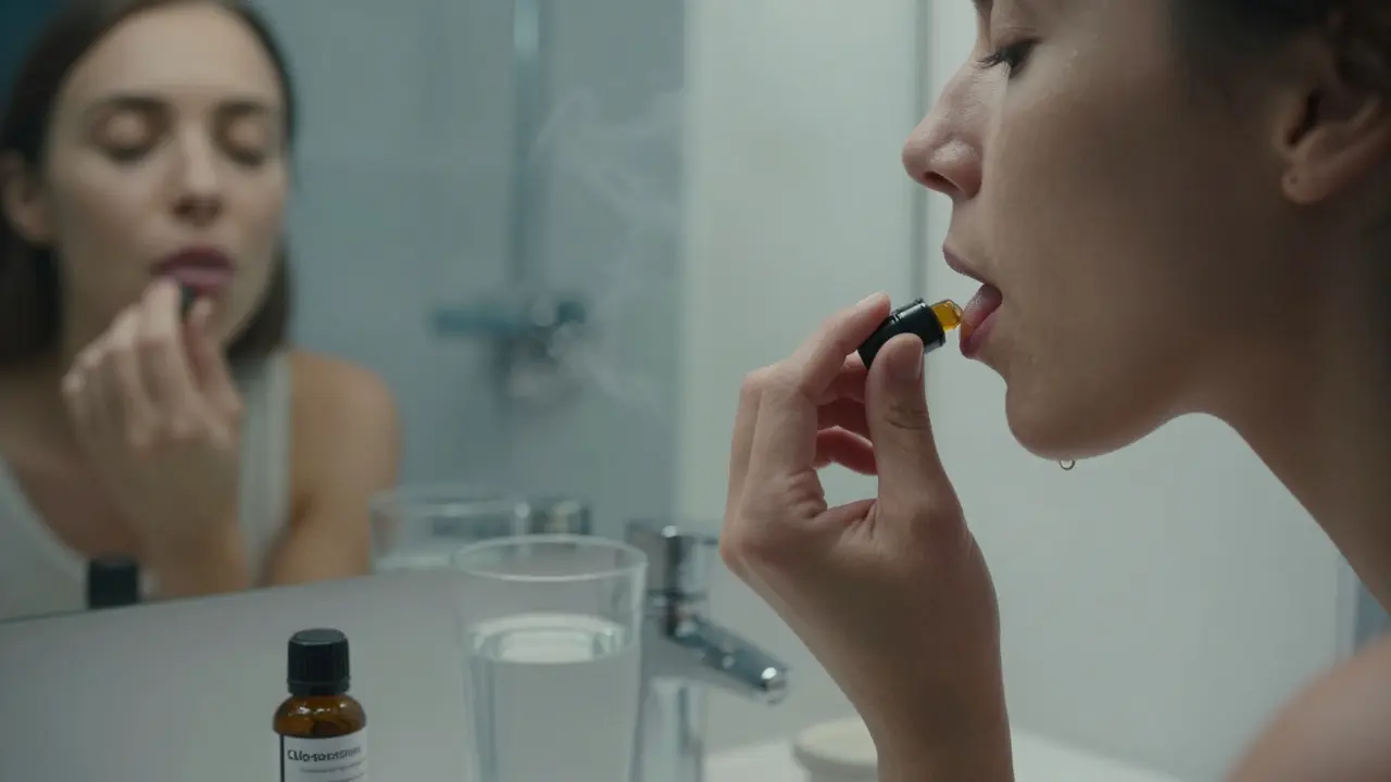 Ruka přidává CBD olej pod jazyk v klidné koupelně s mírným párou z umyvadla.