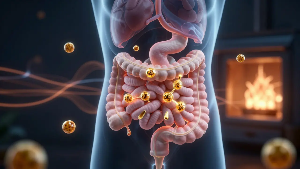 Schematický vývoj CBD molekul v těle při vstřebávání s tuky