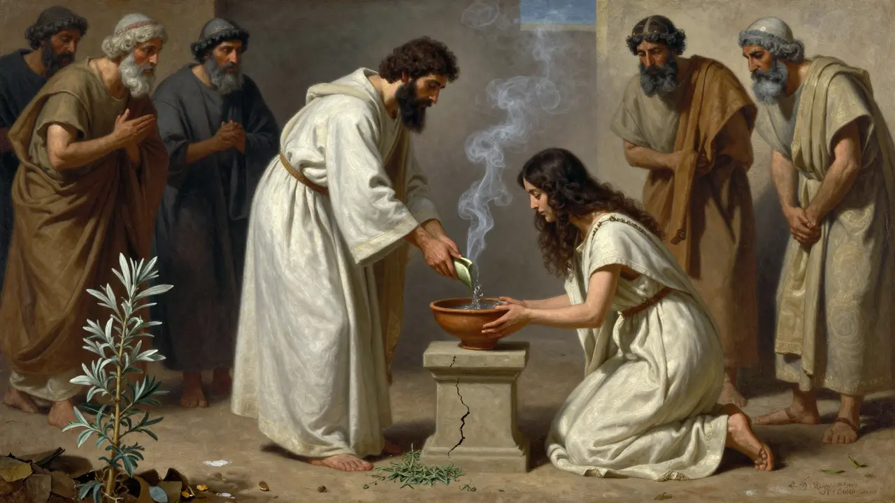 Starověký rituál s vodou a polyně před ženou a kněžími v izraelském prostředí.