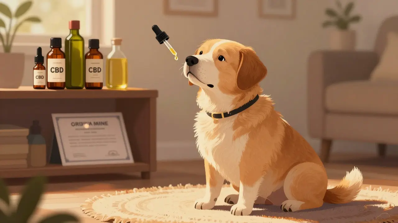 Starý pes klidně sedí, když mu je podávána kapka CBD oleje pod jazyk.