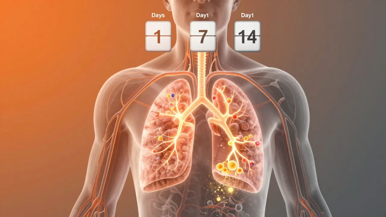 Tělo s viditelnými zlatými molekulami CBD ukládanými v tukových buňkách a časovým odpočtem.