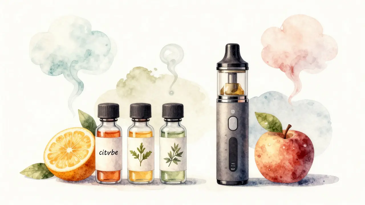 Three natural-scented vials with delicate vapor clouds in soft watercolor style.
