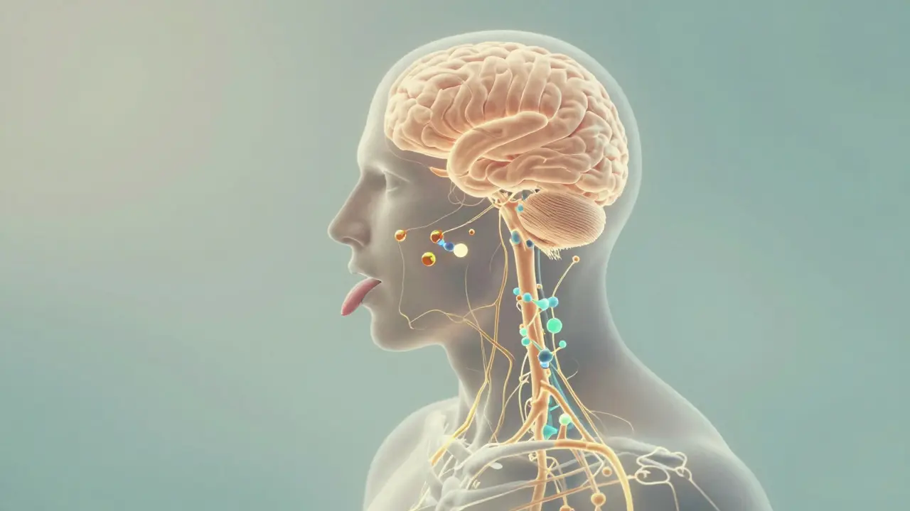 Transparenční ilustrace CBD molekul vstupujících do krevního oběhu a ovlivňujících mozek.