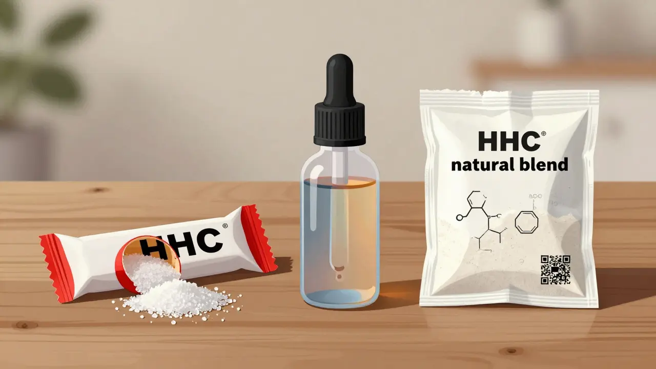 Tři podvržené HHC produkty: bonbón, kapky a prášek s vylévanými přísadami