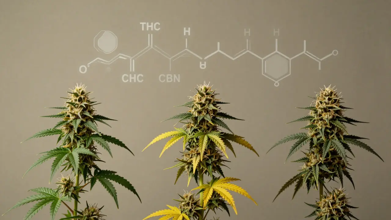 Tři stářející rostliny konopí s přechodem od čerstvé zeleně k sušeným trichomům, symbolizující přeměnu THC na CBN.
