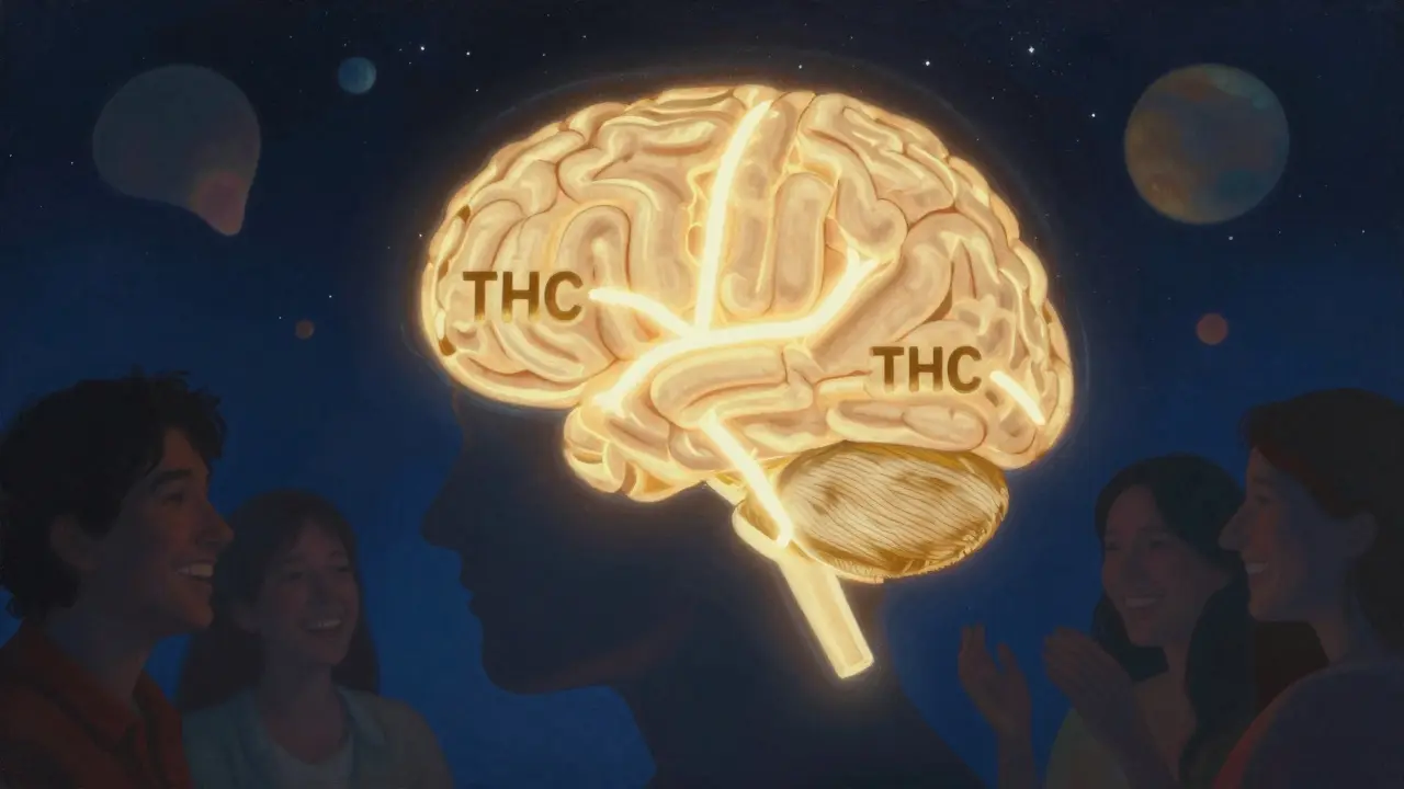 Abstraktní obraz mozku s dvěma cestami účinků HHC a THC, spojený s radostnou atmosférou.