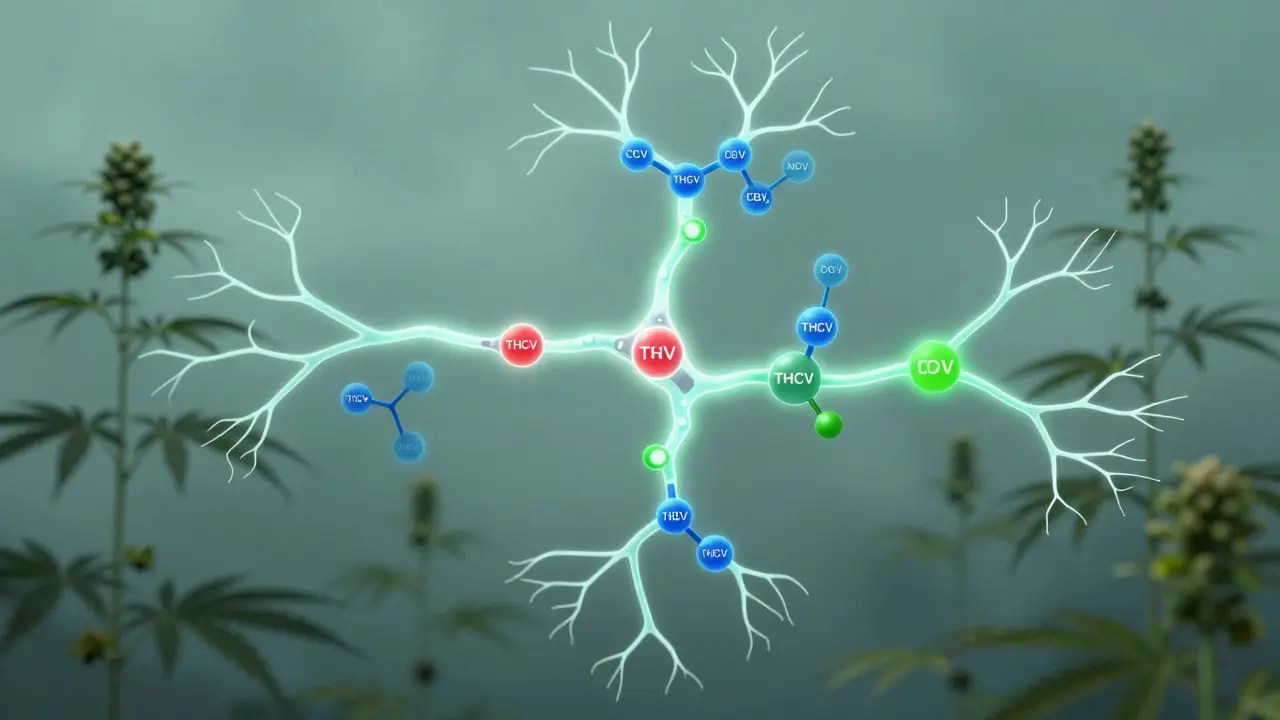 Abstraktní znázornění THCV blokujícího receptory v těle s metabolismem.