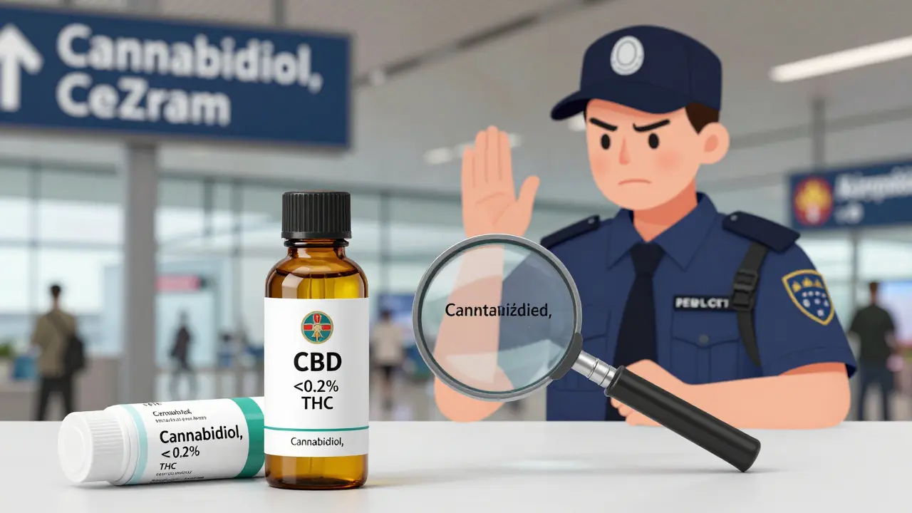 Bezpečnostní pracovník drží podezřelý CBD olej vedle dobře označeného CBD balzamu.