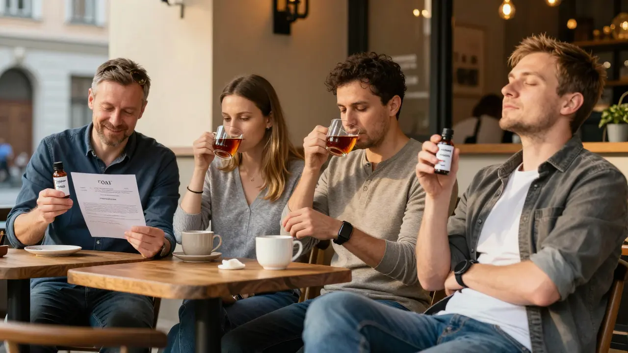 Čtyři lidé v českém kavárně s lahvičkami cannabinoidů, jeden kontroluje laboratorní výsledky, ostatní klidně odpočívají.