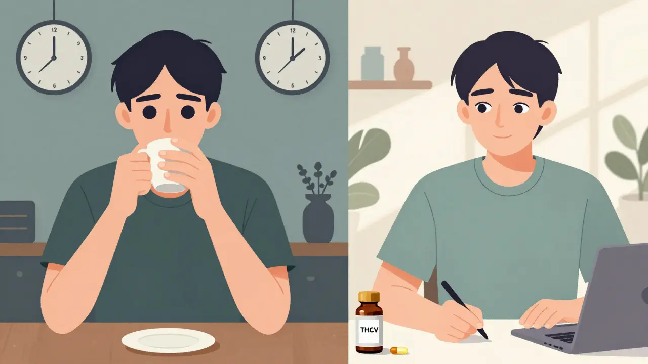 Dvě scény: jedna s kávou a nervozitou, druhá s klidnou energií a THCV.