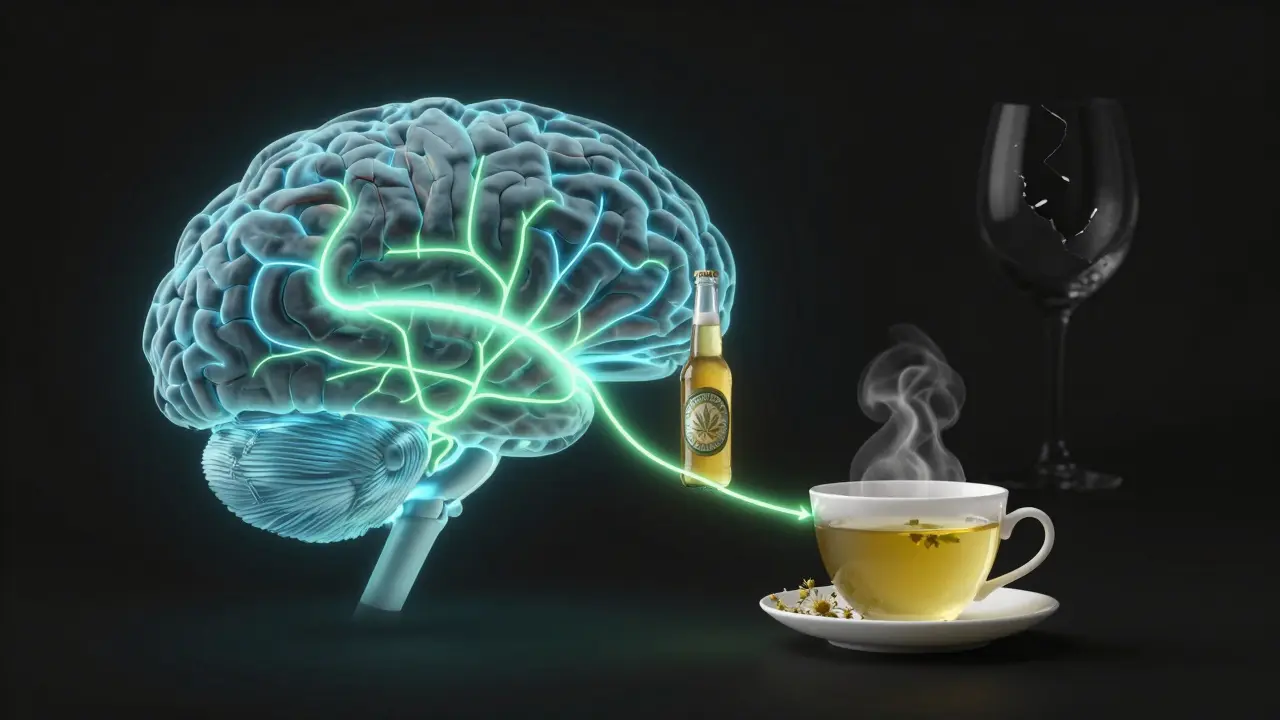 Illuminovaný mozek s propojenými cestami k cannabis pivu a čaji, zatímco stín sklenice vína mizí.