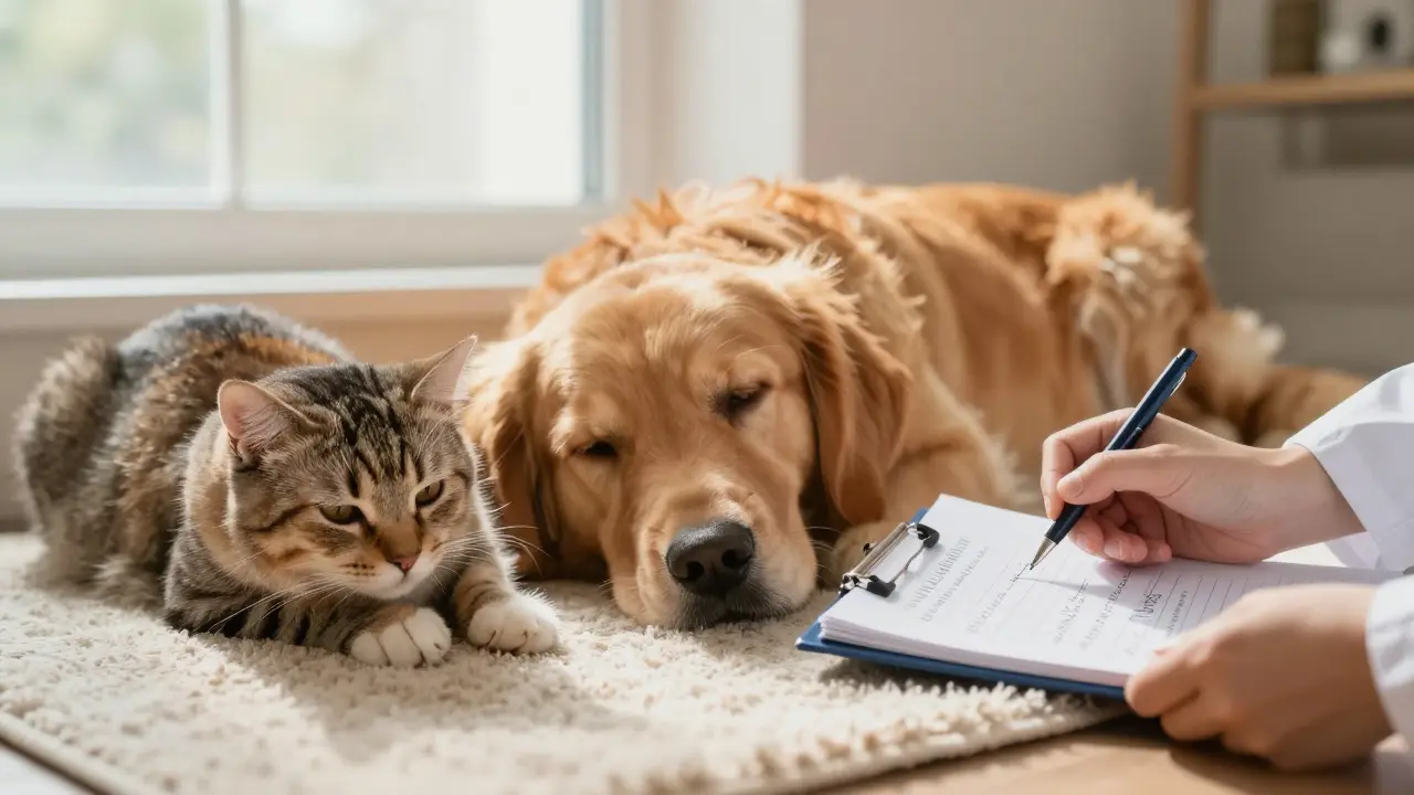 Kočka a pes klidně leží na koberci, symbolizující mír a podporu CBD bez viditelných produktů.