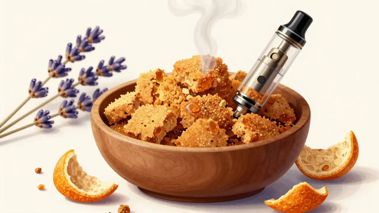 Křehký CBD crumble v dřevěné míse s přírodními prvky a kouřem