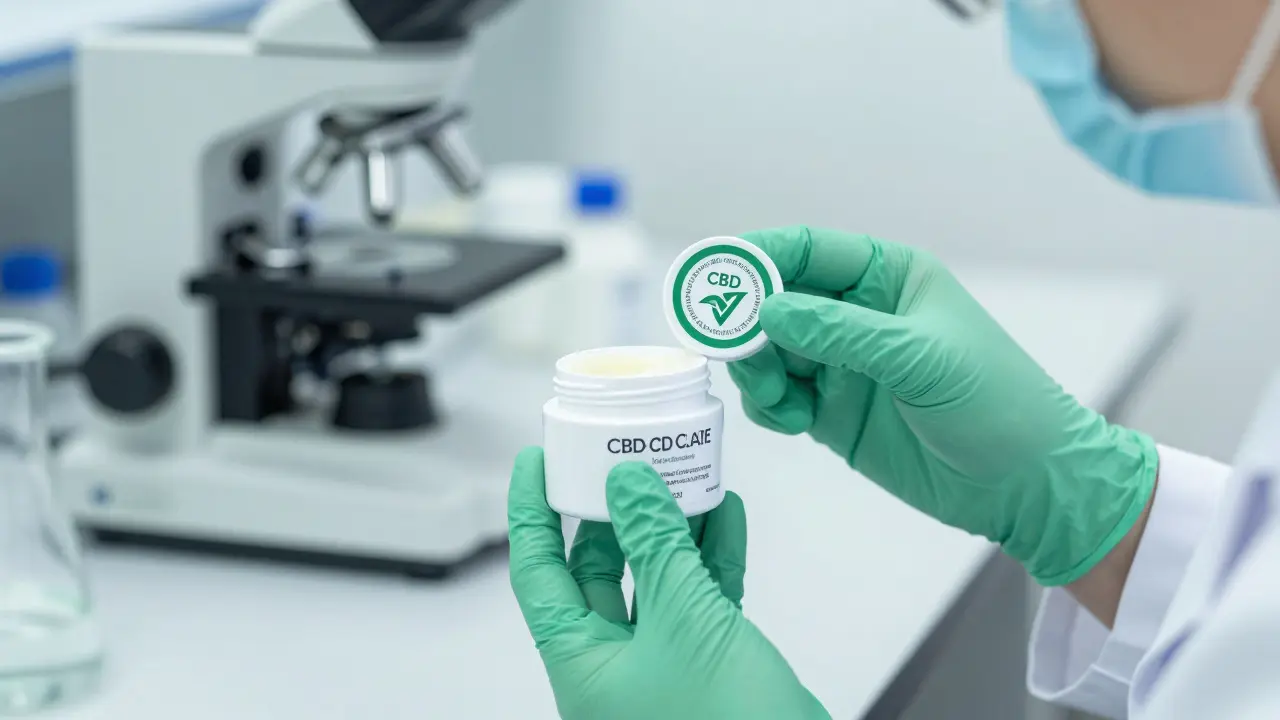 Laboratorní technik zkoumá CBD krém s certifikátem třetí strany.