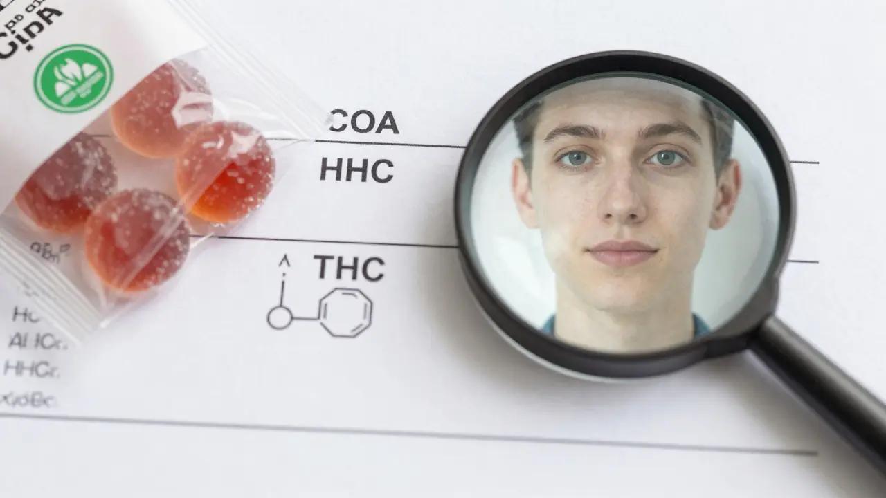 Laboratorní výsledek COA vedle balíčku gumiček s certifikačním pečetěm, pod lupou, symbolizující čistotu a bezpečnost.