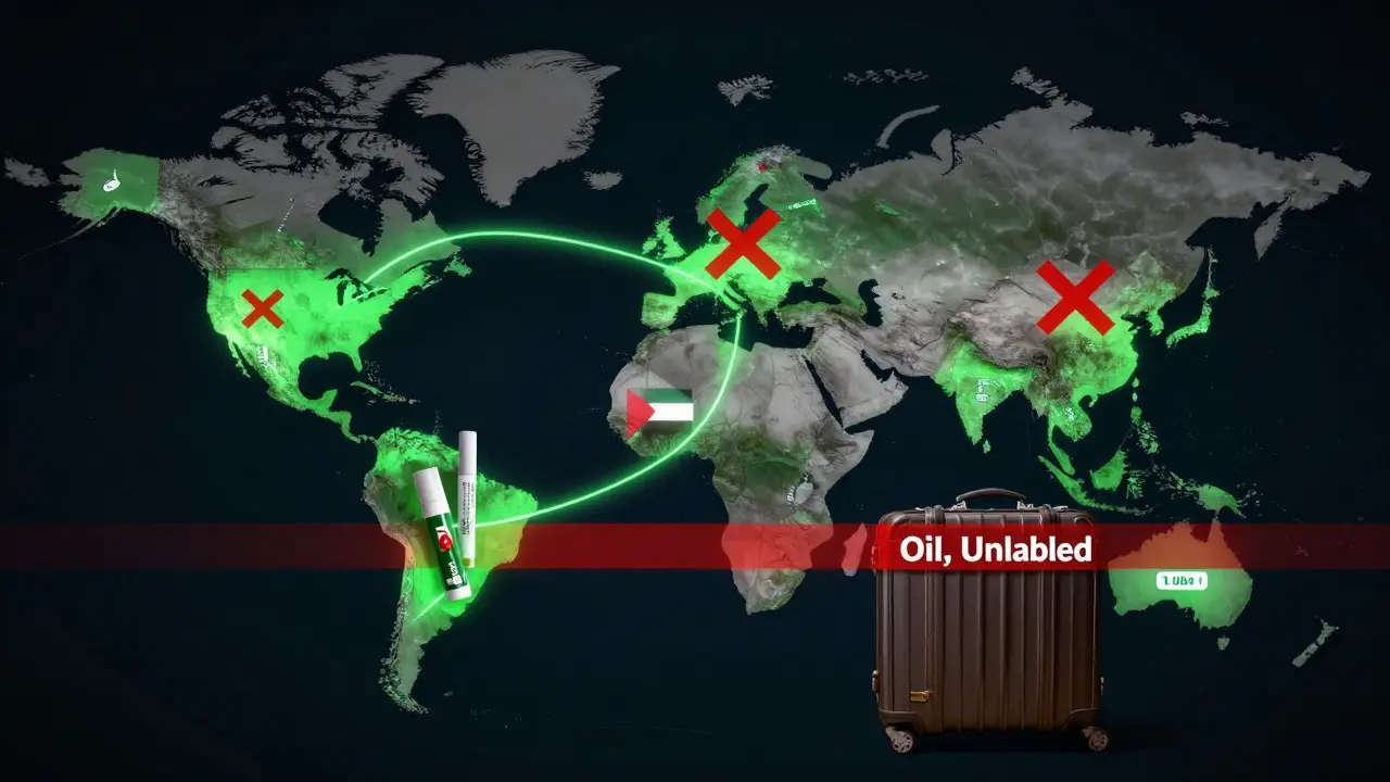 Mapa světa s označenými zeměmi, kde je CBD kosmetika legální nebo zakázaná, s kuframi cestujícími po bezpečných cestách.