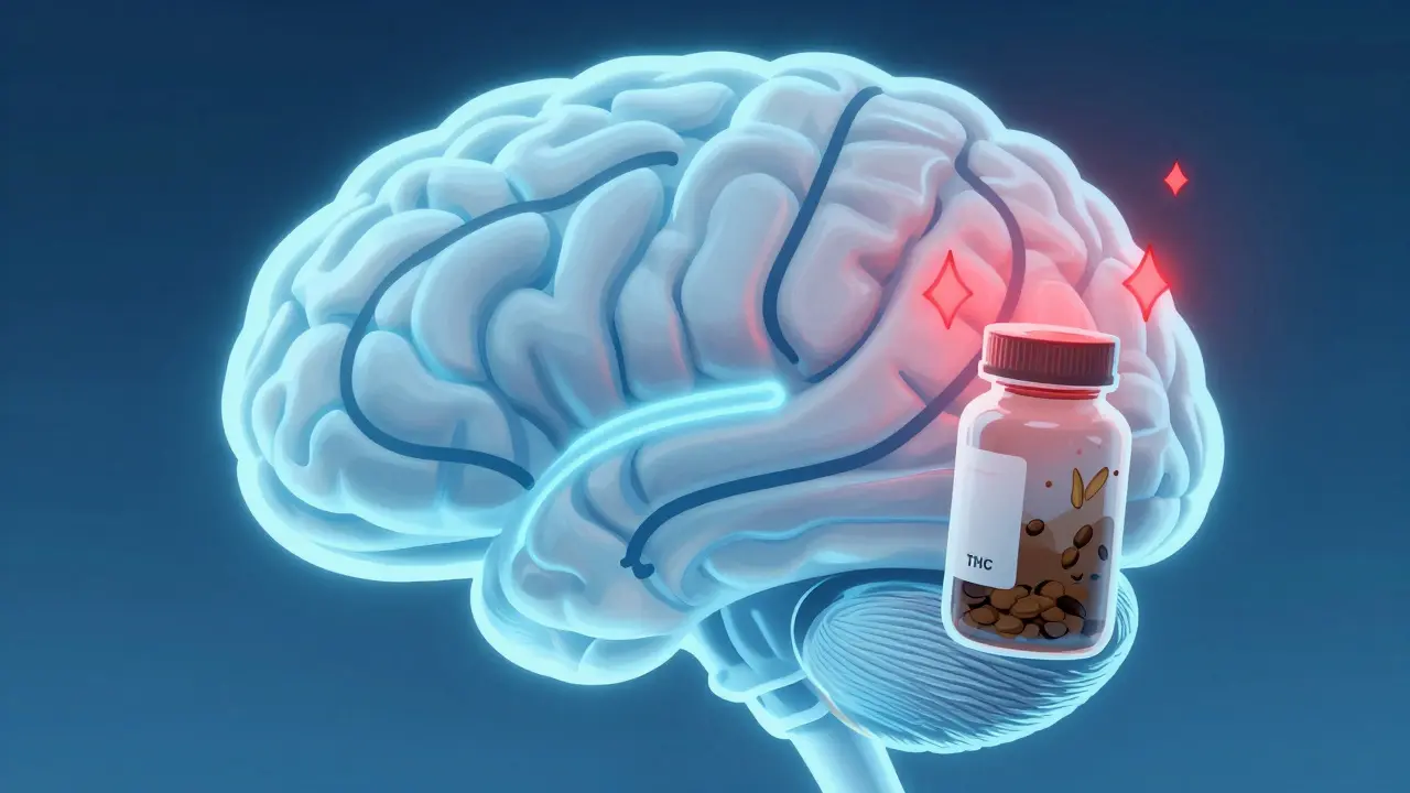 Možný mechanismus účinku CbN na mozek: klidné centra vs. podvědomé stimulace z nečistot.