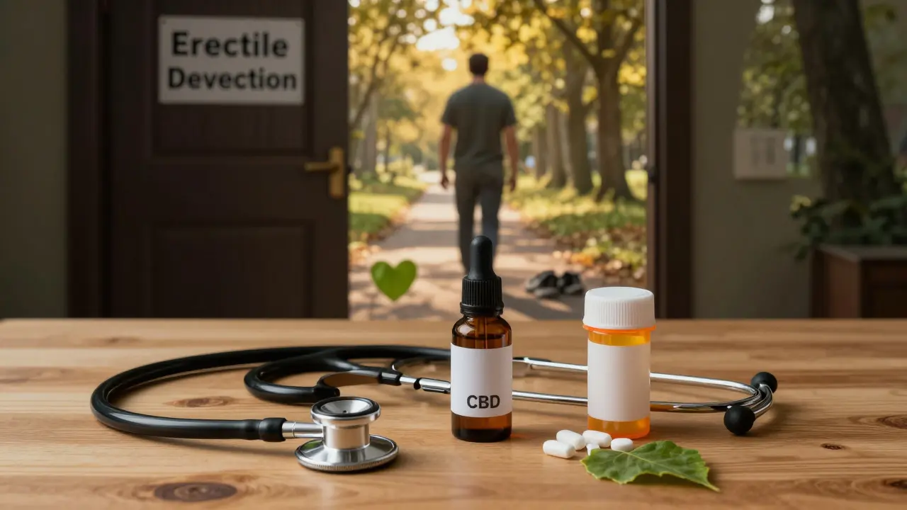 Muž odchází od tmy k světlu s CBD olejem, stethoskopem a lékem — symbolizující celkový přístup k léčbě.