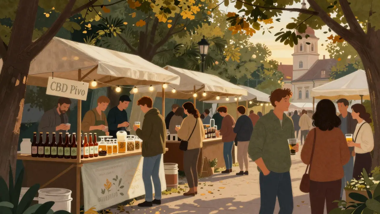 Návštěvníci na trhu v Brně si při západu slunce pijií cannabis pivo a bylinné čaje.