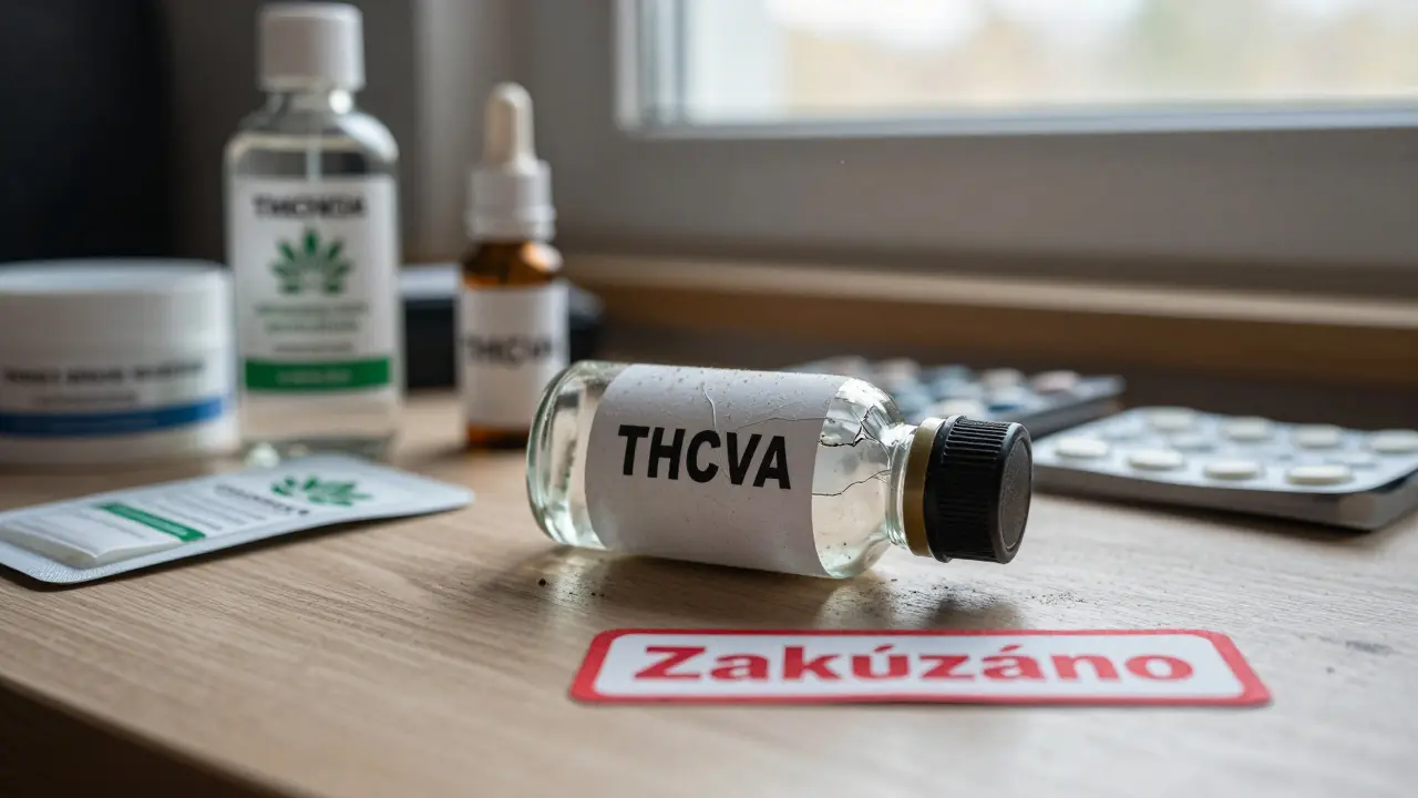 Opuštěná láhev THCVA vedle legálních CBD produktů s červeným štítkem 'Zakázáno'.