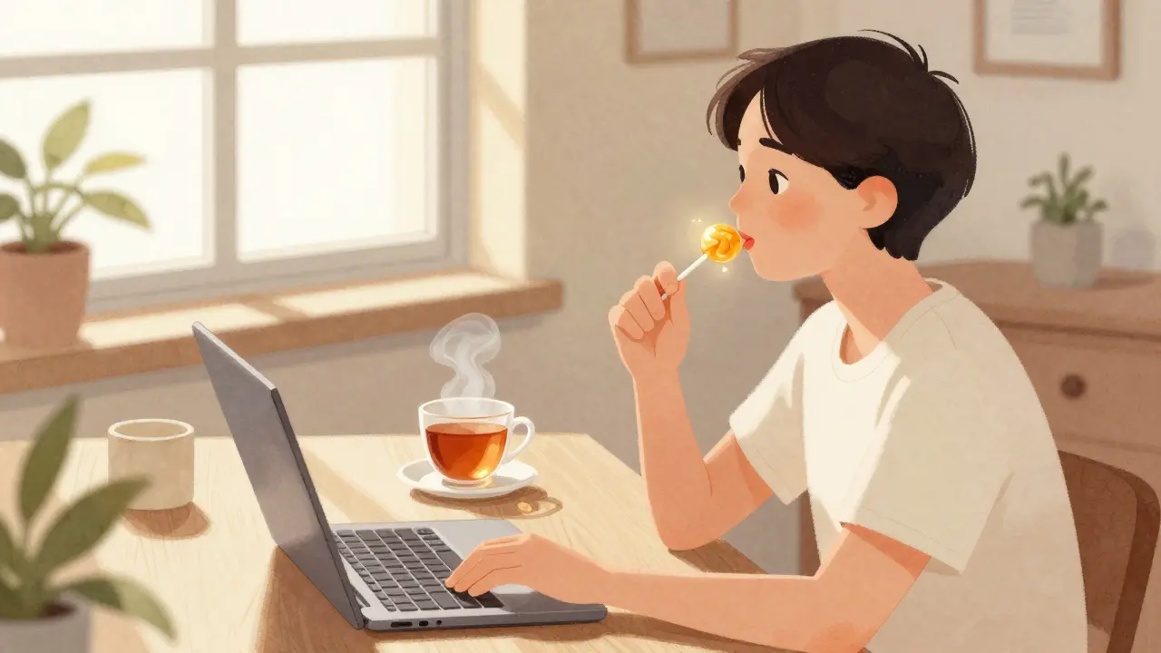 Osoba pomalu vysává CBD lollipop v klidné domácí atmosféře.