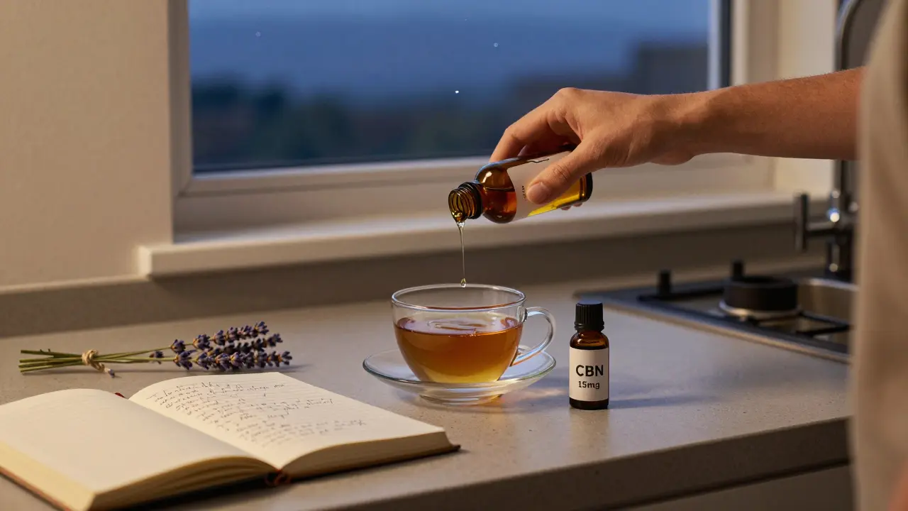 Osoba připravuje čaj s kapečkou CBN v kuchyni při západu slunce s lavandou a poznámkami.