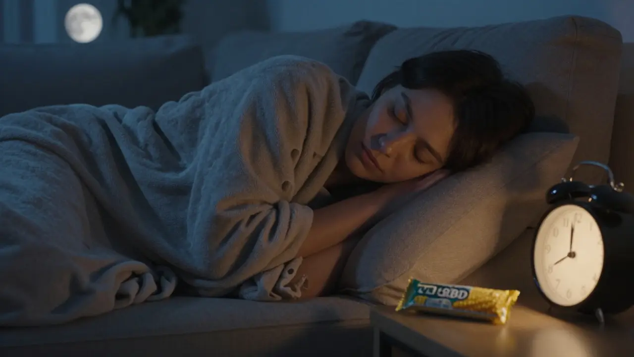 Osoba uvolněně spí na gauči při měsíčním světle.