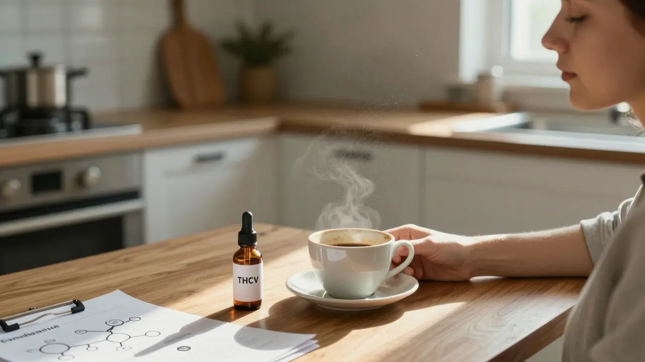 Osoba v kuchyni s lahvičkou THCV a nevypitou kávou, klidný ranní moment s přírodním osvětlením.