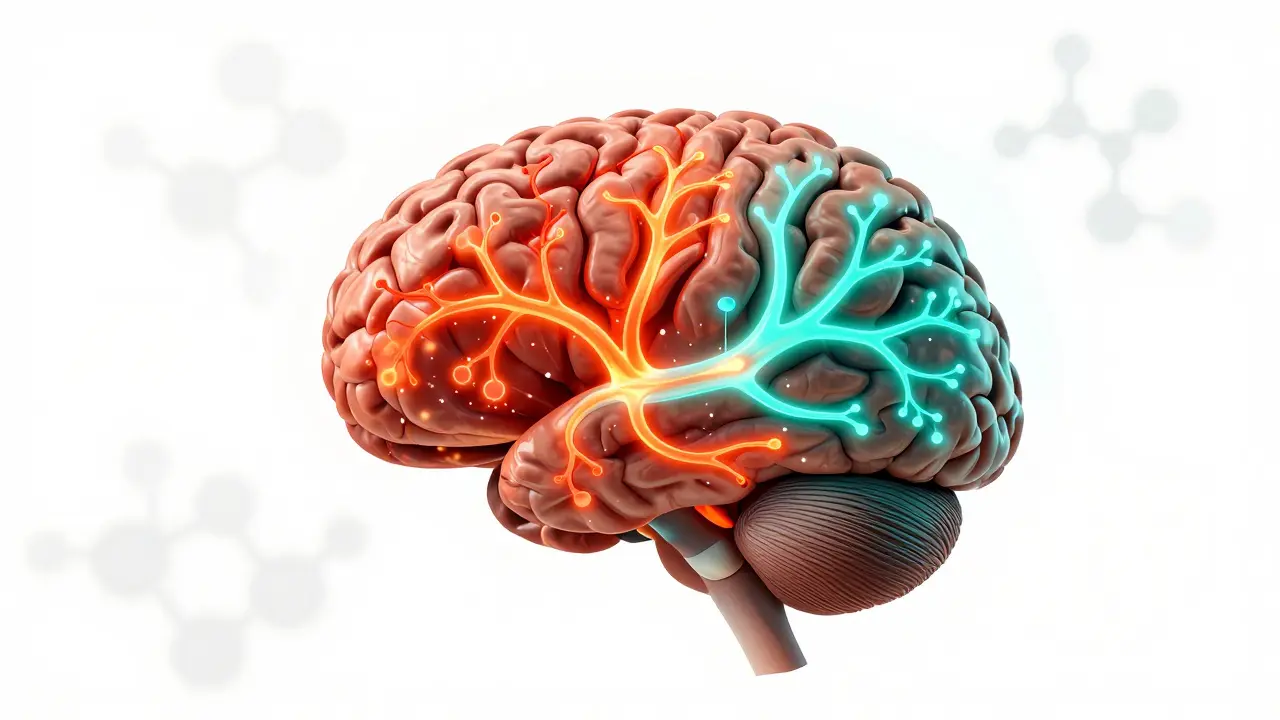 Pohled do lidského mozku s dvěma různými cestami aktivace: Delta-9 jako bouřlivá expozice, THCV jako jasný, soustředěný proud.